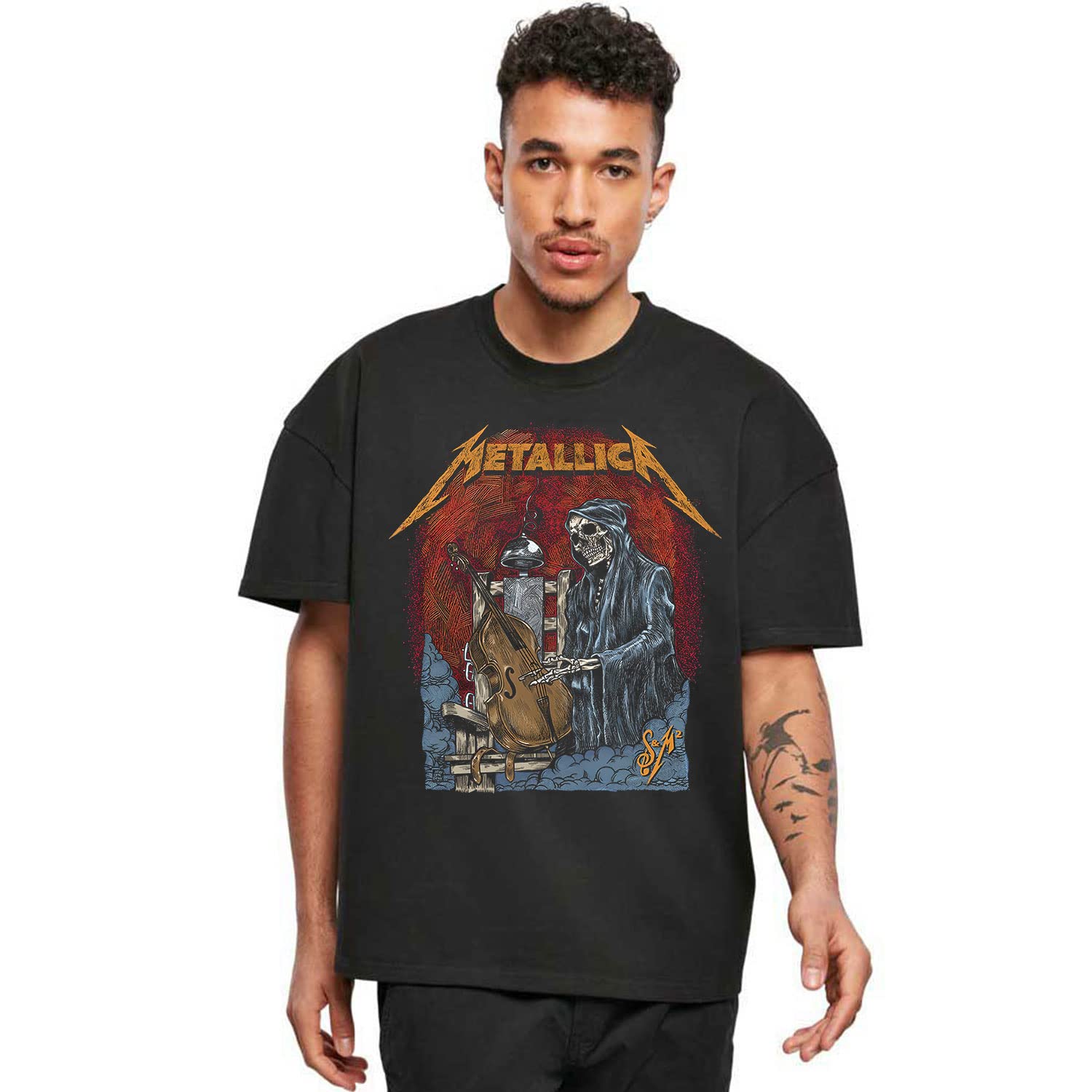 KadakMerch Oversized T-Shirt | Metallica - Cello Reaper | 100% Super Soft Cotton | Round Neck Funny Cute Sarcasm Dark Humor Half Sleeve Unisex