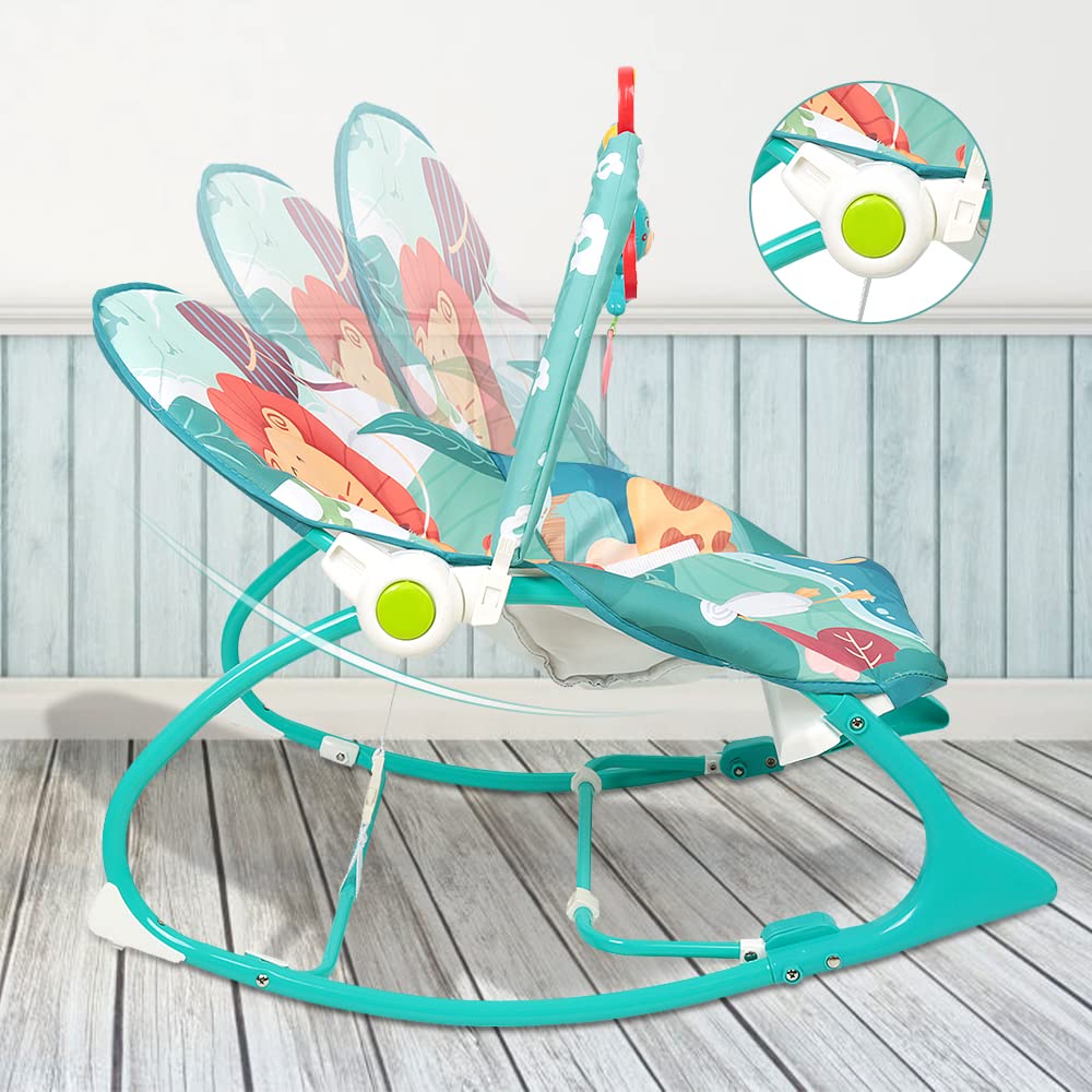 Transat Bébé Vibrations Apaisantes, Transat Evolutif et Siège Sauteur,3 Positions d'Inclinaison, Musique, 3 Points Harnais, 2 Jouets, Arche de Jeu, 0-6 Mois Jusqu'à 11 kg (bleu)