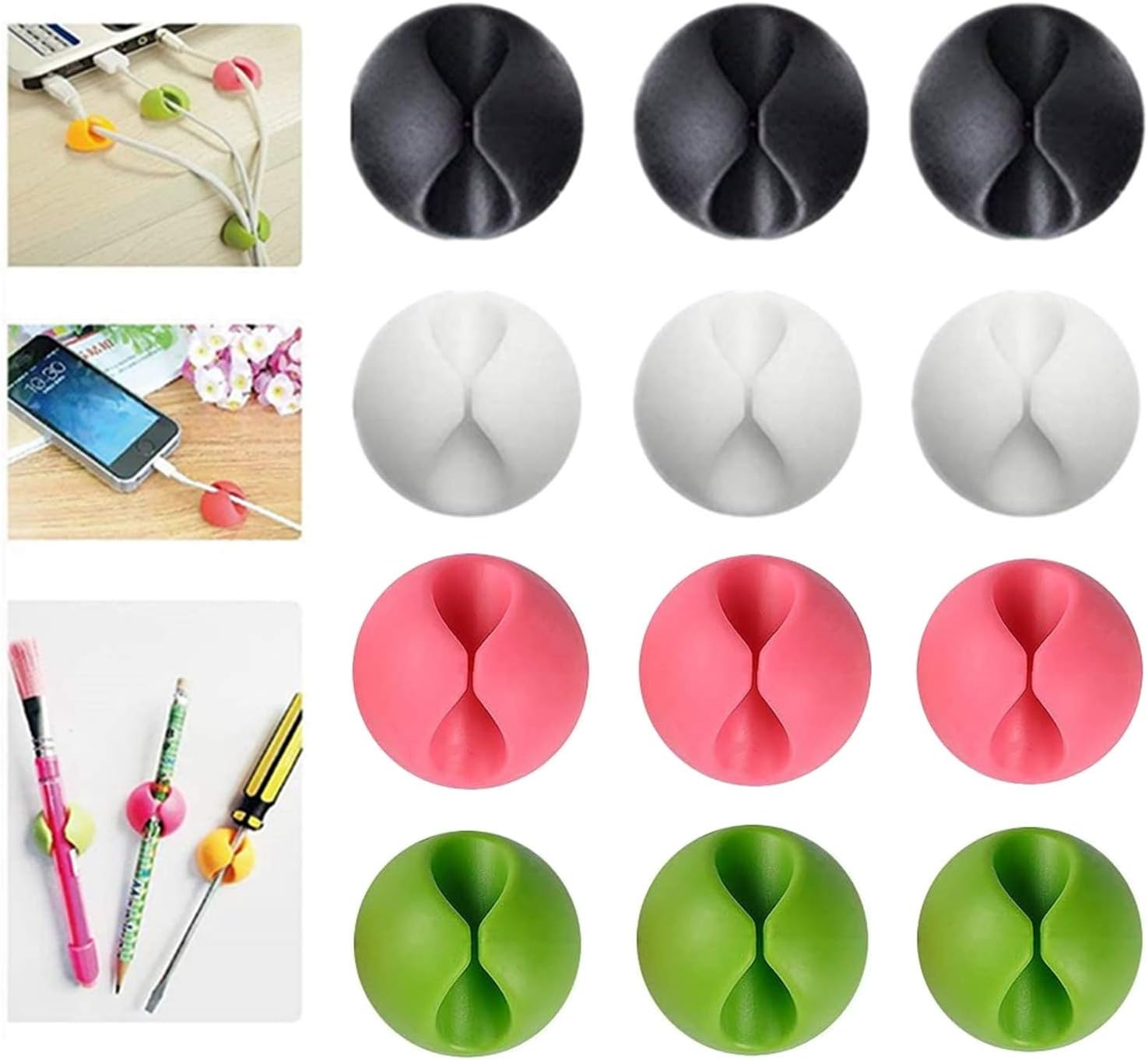 StudentsZone 12-Pack Adhesive Cable Clips, Cord Organizer, Cable Management, Color Cable Organizer, Cord Holder, Wire Organizer, for Desk, Nightstand, Car, Charging or Mouse (White Black Pink Green)