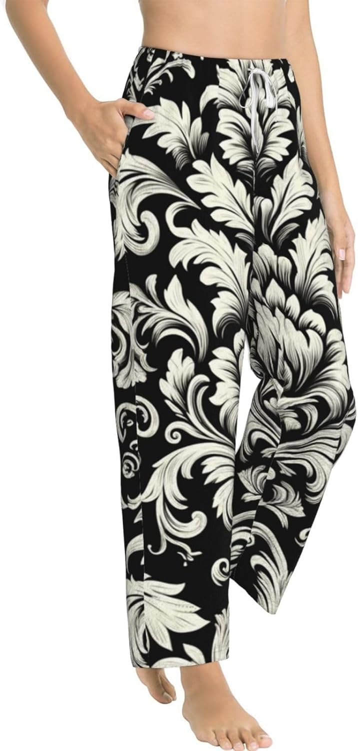 Women'S Damask-Black-White-Pattern Fleece Pajama Pants, Cozy Flannel Lounge Bottoms For Women