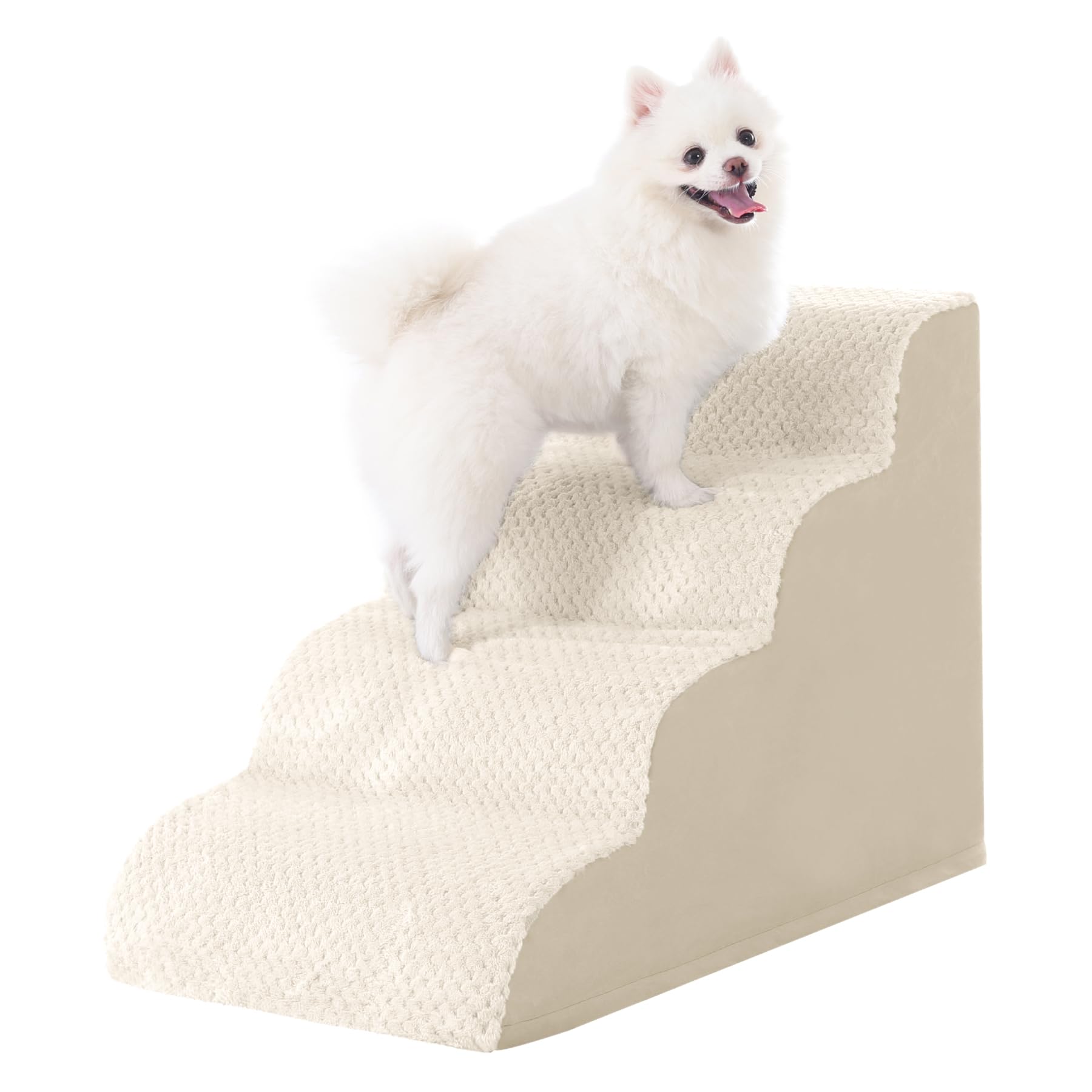 Dog Stairs Ramp, Curved 4-Step Dog Steps for Small Dogs and Cats, Pet Stairs for High Beds and Couch with Anti-Slip Washable Cover and Durable High Density Foam, Beige
