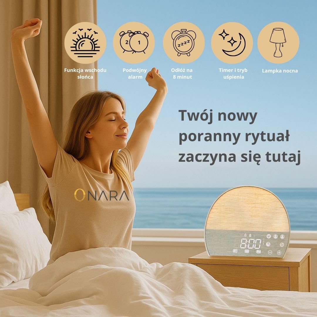 Budzik wschodu słońca, relaksujące dźwięki, biały dźwięk, głośnik Bluetooth, radio FM, minutnik snu, regulowana jasność, podwójny budzik, lampka nocna, aby poprawić Twoje poranki