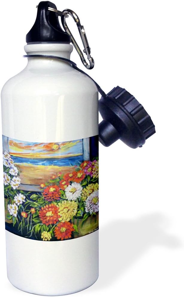 3dRose Still Life Sunburst, Flowers with Beach Scene Sports Water Bottle, 21 oz, White