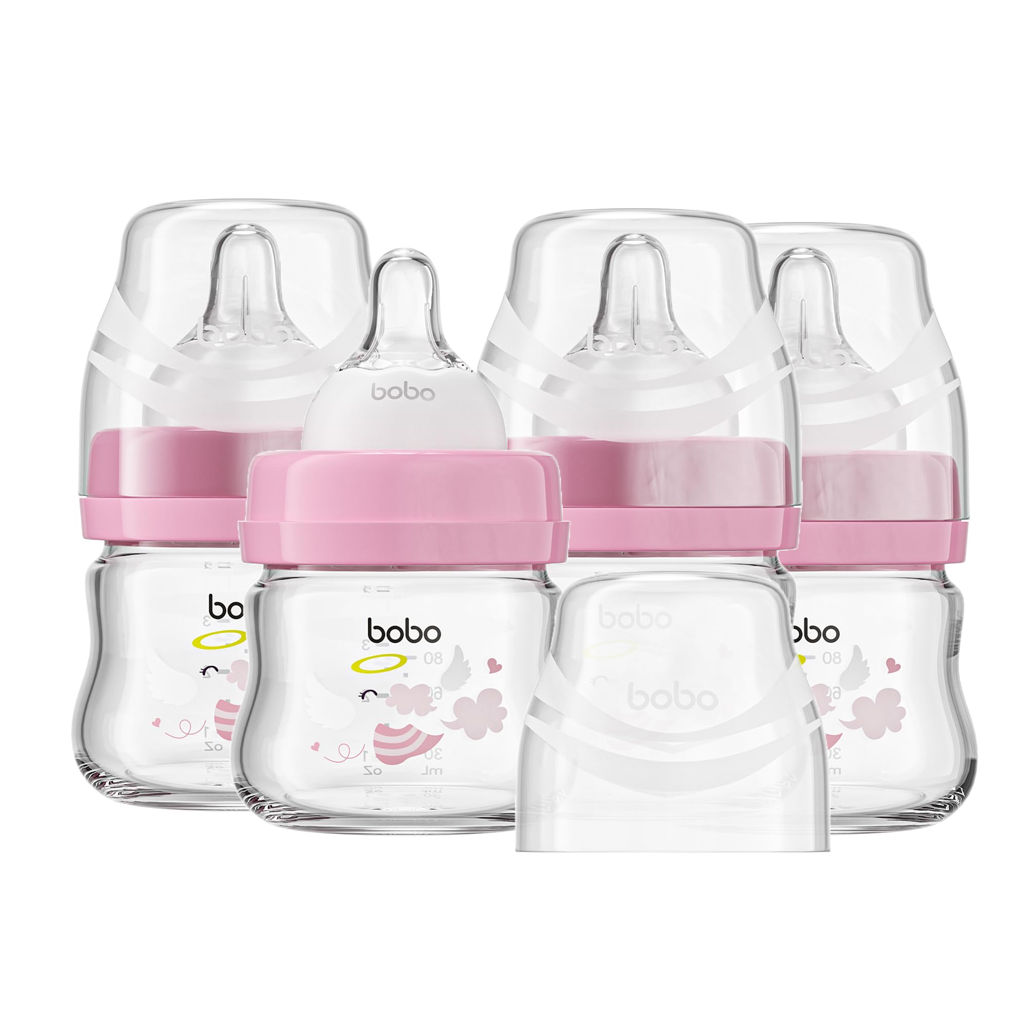 YOHKOH Glass Baby Bottles with Slow Flow Nipple, Newborn Anti-Colic Baby Bottles for 0+ Months, Wide Neck Feeding Bottle, Clear (Red, 2.7oz (Pack of 4