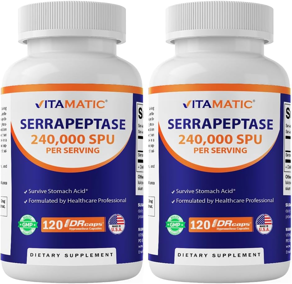 Vitamatic Serrapeptase 240,000 SPU Servings, 120 Delayed Released Capsules - Enteric Coated - Non-GMO- Made in the USA (120 Count (Pack of 2))