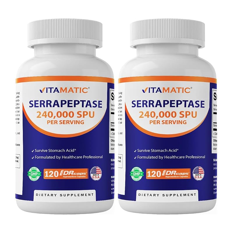 Vitamatic Suplemento multi-enzimas com serrapeptase 240.000 SPU, 120 cápsulas (Pacote com 2)