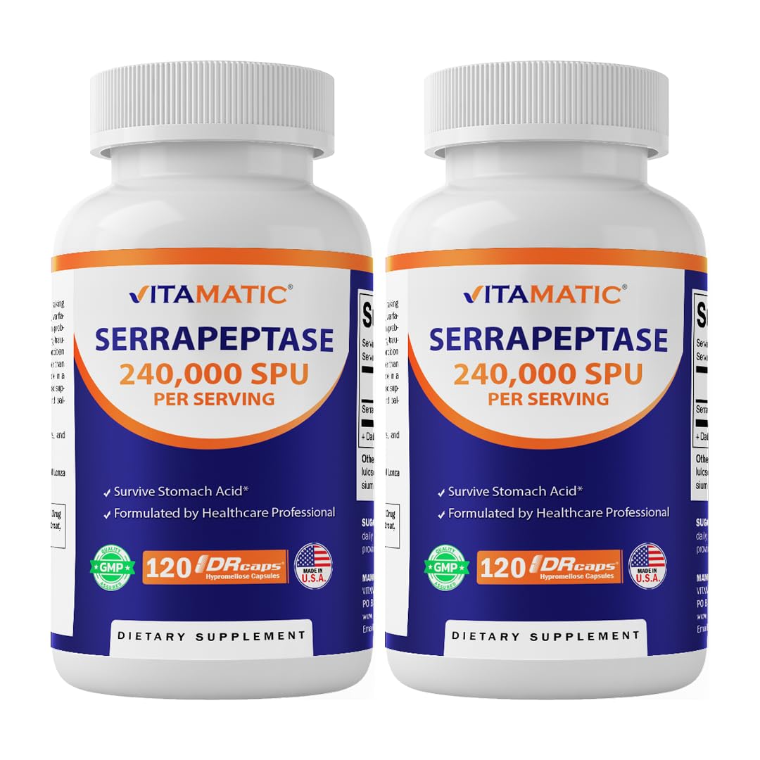 Vitamatic Serrapeptase 240,000 SPU Servings, 120 Delayed Released Capsules - Enteric Coated - Non-GMO- Made in The USA (120 Count (Pack of 2))