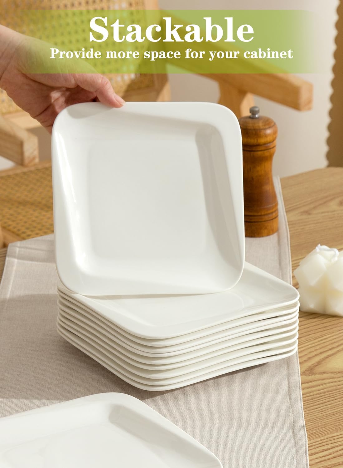 7.3 Inch Square Porcelain Dessert Plates, 10 Pieces, White