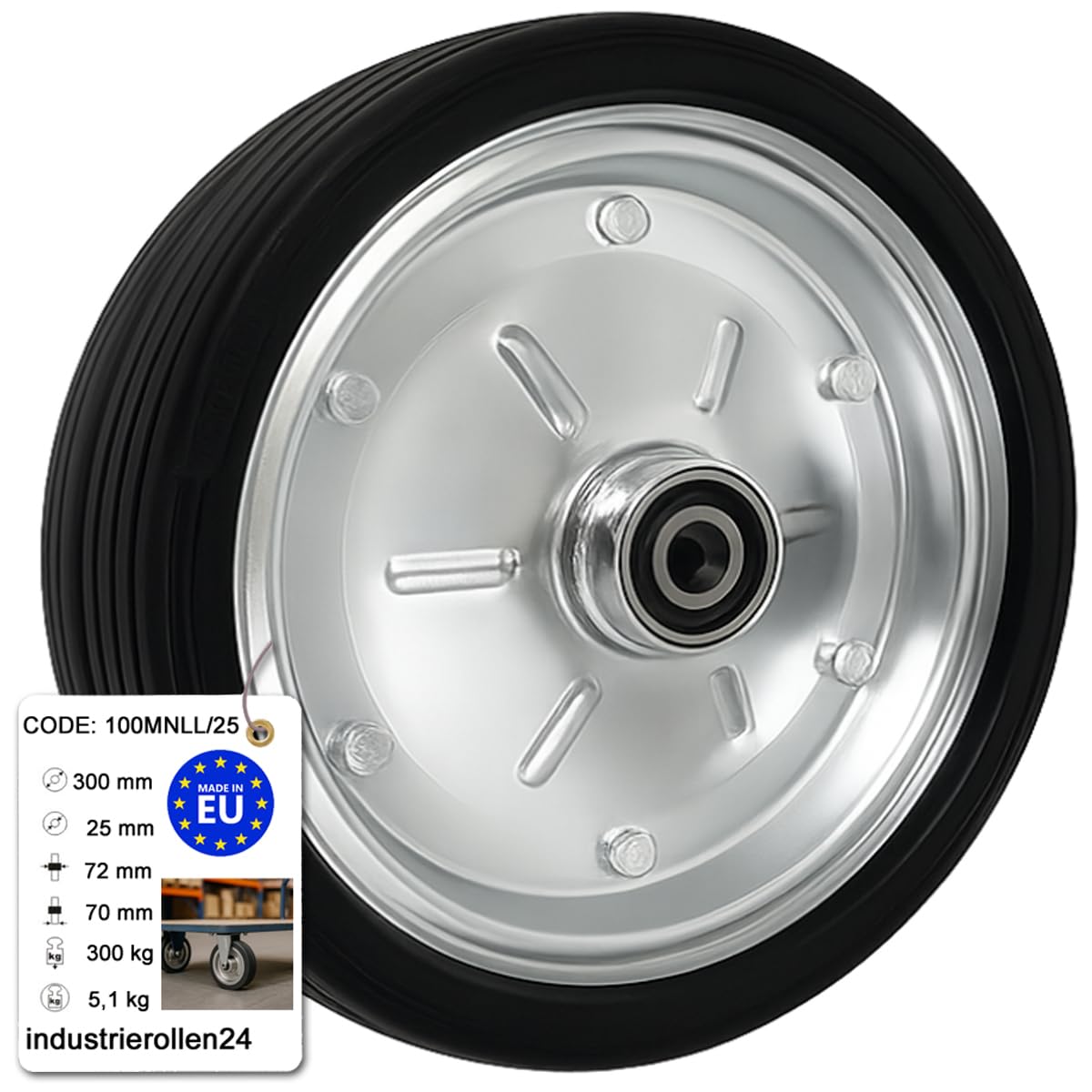 Gummirad Ø300 mm mit Vollgummireifen, Bohrung 25 mm – robustes Industrierad für Transportwagen 100MNLL/25 (1 Stück, Schwarz)