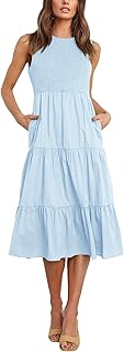 Womens Summer Sleeveless Dresses with Pockets Smocked Tiered Midi Beach Sundress - Buy now