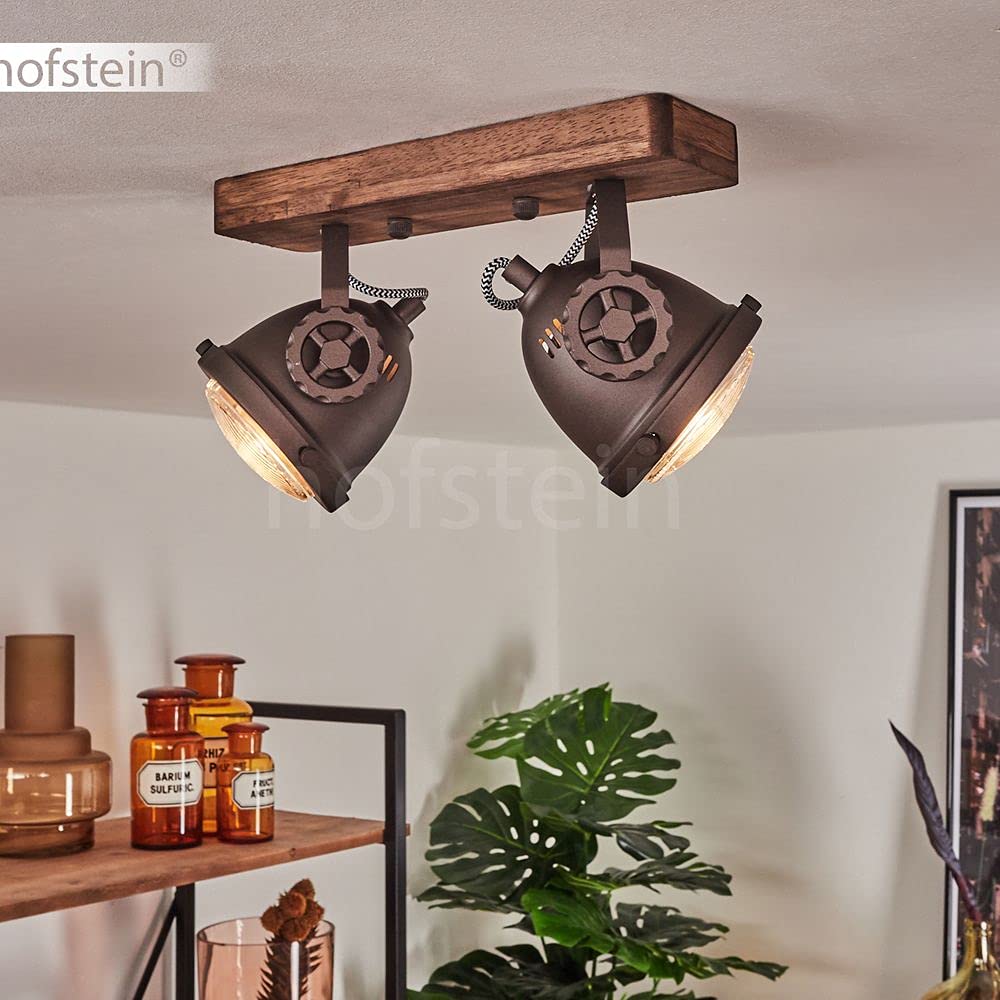 HOFSTEIN Deckenleuchte Herford, verstellbare Deckenlampe aus Metall/Holz/Glas in Braun/Natur/Klar, Leuchte im Industrial/Retro/Vinntage-Design, 2 x GU10, Esszimmmer, Schlafzimmer, Wohnzimmer, Küche