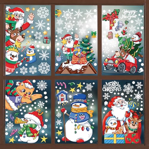 Zindoo-Decoration-Noel-Stickers-Noel-Fenetre-Pere-Noel-et-Elan-176-Pcs-Colore-Impression-Recto-Verso-Reutilisable-Electrostatique-Autocollant-Noel-Fenetre-Interieur-Deco-Noel-pour-Fenetre-Porte-Miroir Un Noël féerique avec les Stickers Père Noël et Élan : 176 pièces de magie à poser sur vos fenêtres !