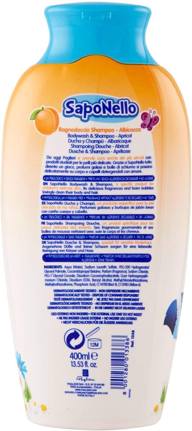 Paglieri SapoNello Bagnodoccia Shampoo Albicocca, gel doccia e shampoo con albicocca, formula senza lacrime, idratante, 400 ml, + portachiavi Italy Shop Service gratuito