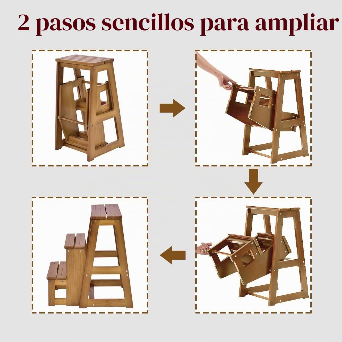 GIANTEX Taburete Escalera Plegable de Madera con 3 Peldaños, 57 x 38,5 x 66 cm, Escalera Silla Plegable Multifuncional para Ahorrar Espacio, Escalón para Baño, Cocina (Marrón Claro)