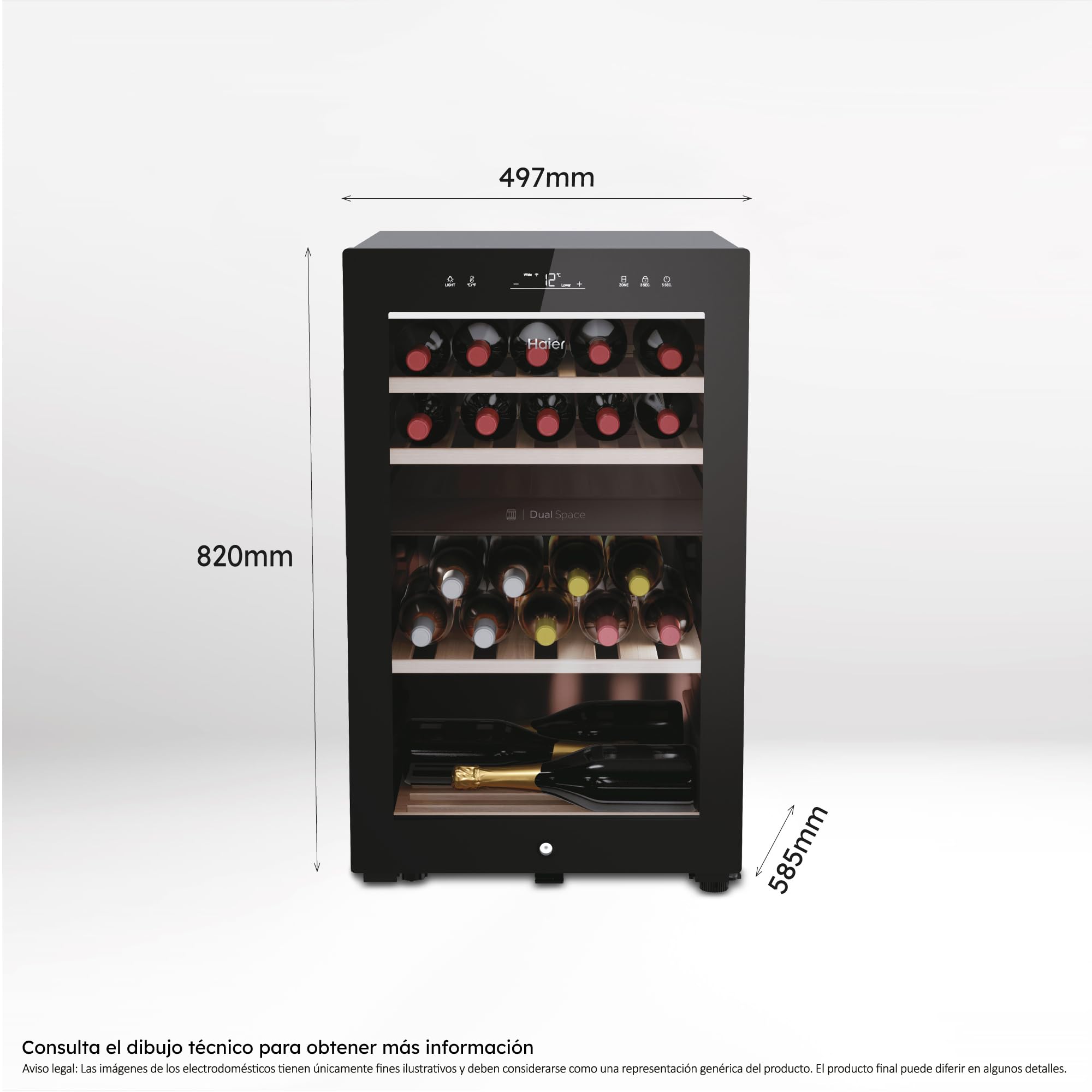 Haier Wine Bank 50 Series 7 HWS42GDAU1- Vinoteca de 42 botellas, Estantes de madera, Filtro Anti-UV, Filtro de carbón, Refrigeración por Compresor, Display Digital, Iluminación LED, Silenciosa 37 dbA