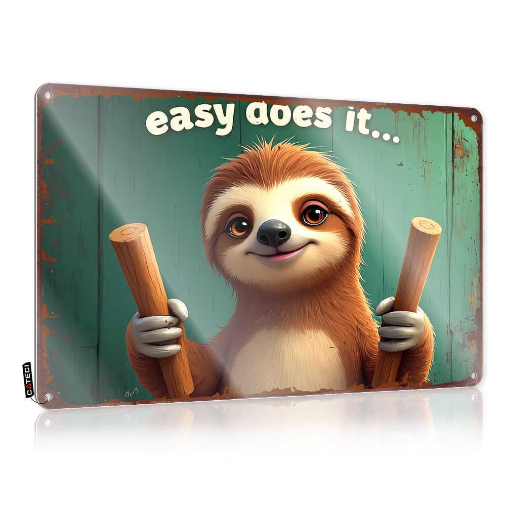 Fzfn Colour Music Checkout Matal Sign - Lazy Sloth With Wooden Sticks: Easy Does It! Sweet Rustic Wall Hanging(30X40cm)