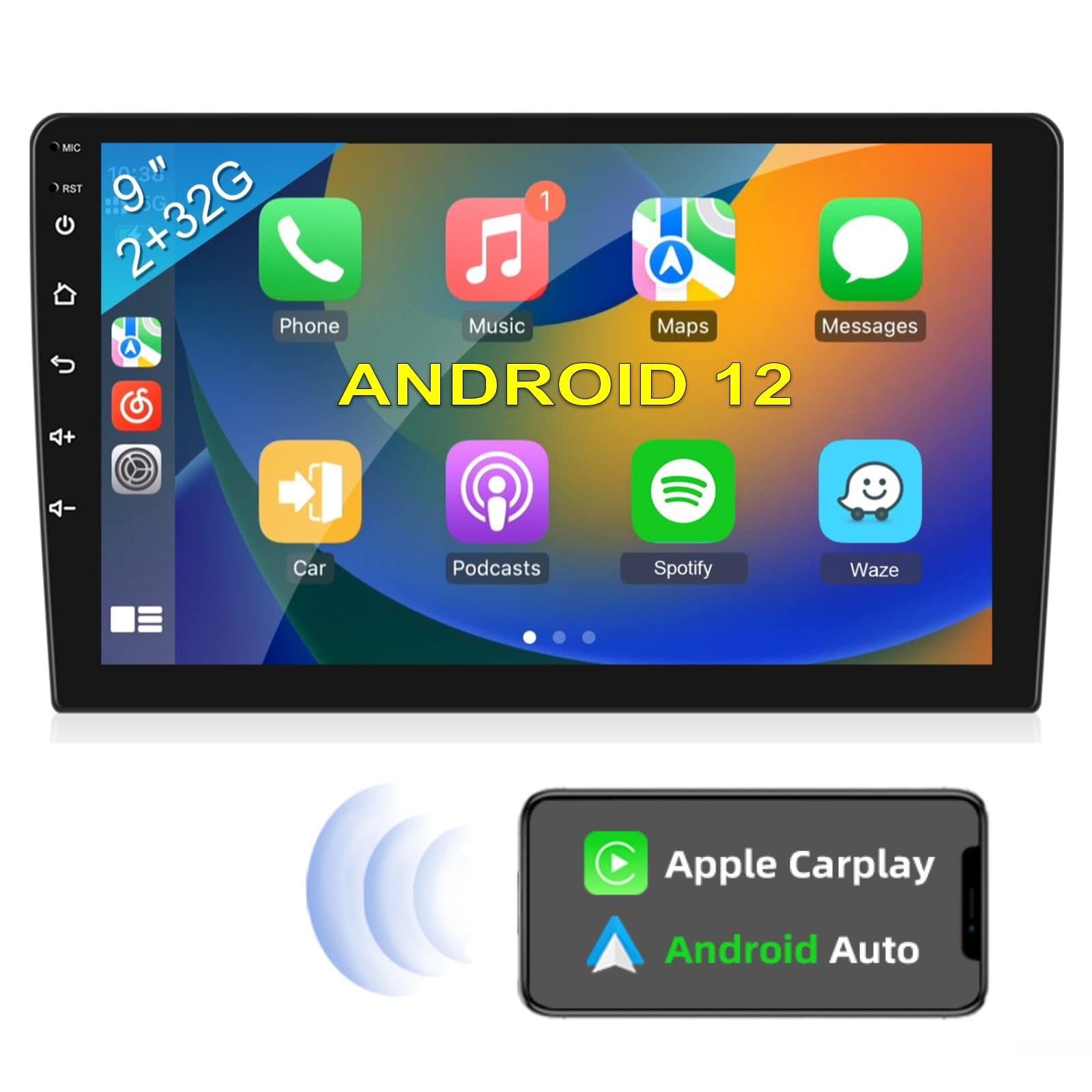 Sound Way Android 12 Radio Coche con Android Auto y CarPlay inalámbrico, 9 Pulgadas Pantalla Táctil, USB Bluetooth Estéreo FM GPS DSP EQ WiFi 2G/32GB RAM, Enfriamiento con Ventilador