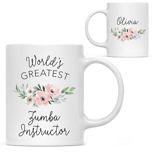 Andaz Press Personalized 11oz. Coffee Mug, World's Greatest Zumba Instructor Mug, Pink Anemone Flower, 1-Pack, Custom Drinking Cup Birthday Christmas Ideas for Her