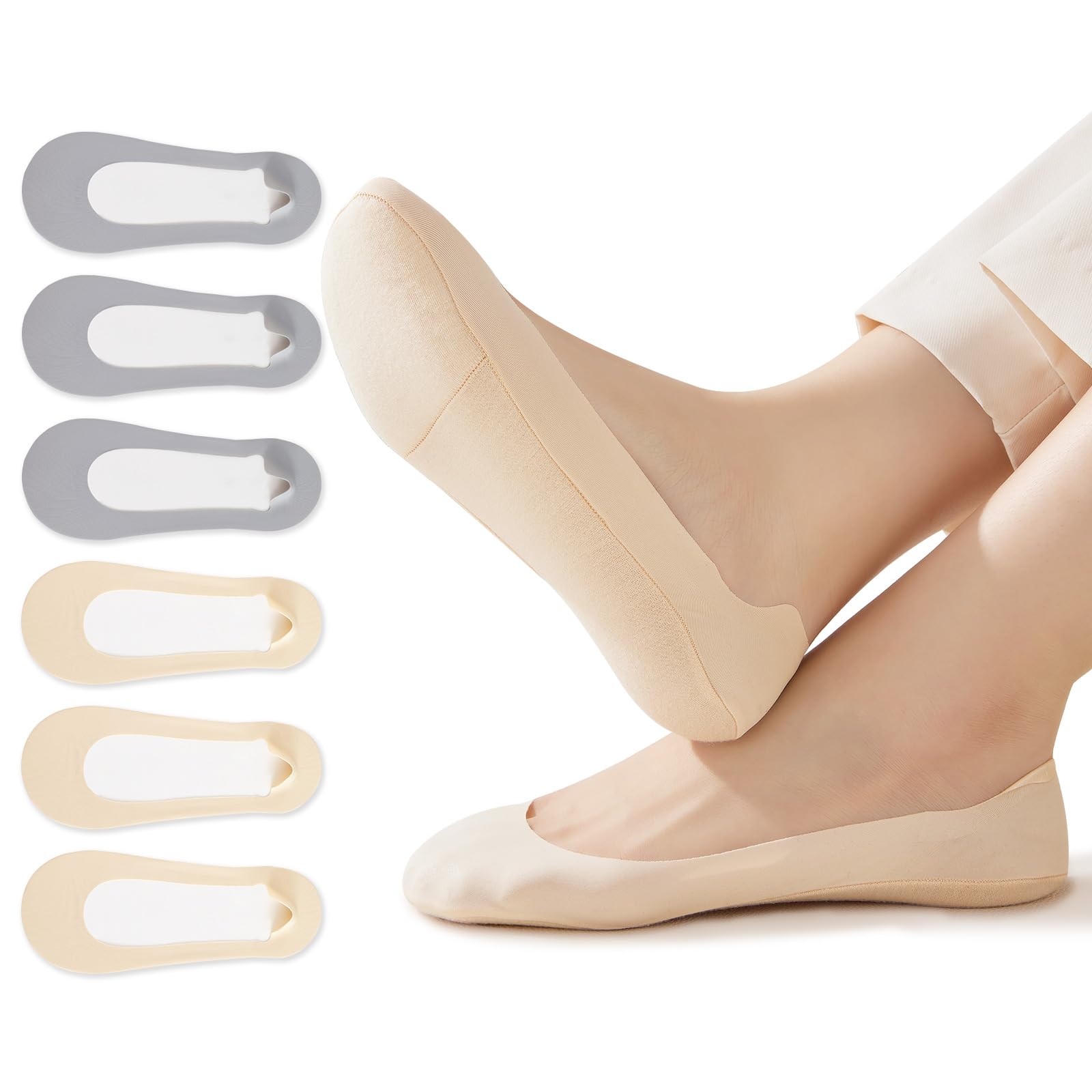 No Show Socks Womens Invisible Non Slip Liner for Flat 6 Pairs | Ultra Low Cut No See Hidden Footies, Breathable Thin Socks for Ballet Flats Loafers Heels Boat Shoes, Fits Size 4-9