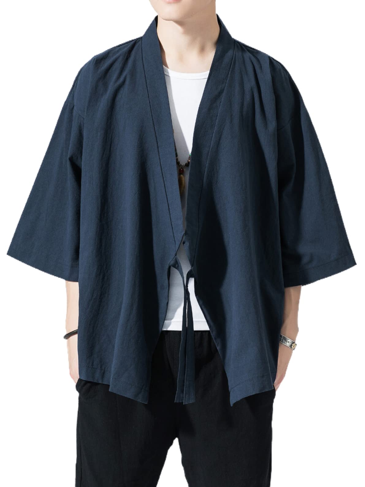 Men's Japanese Kimono Cardigan Loose Cotton Linen 3/4 Sleeve Open Front Casual Summer Shirt Jackets