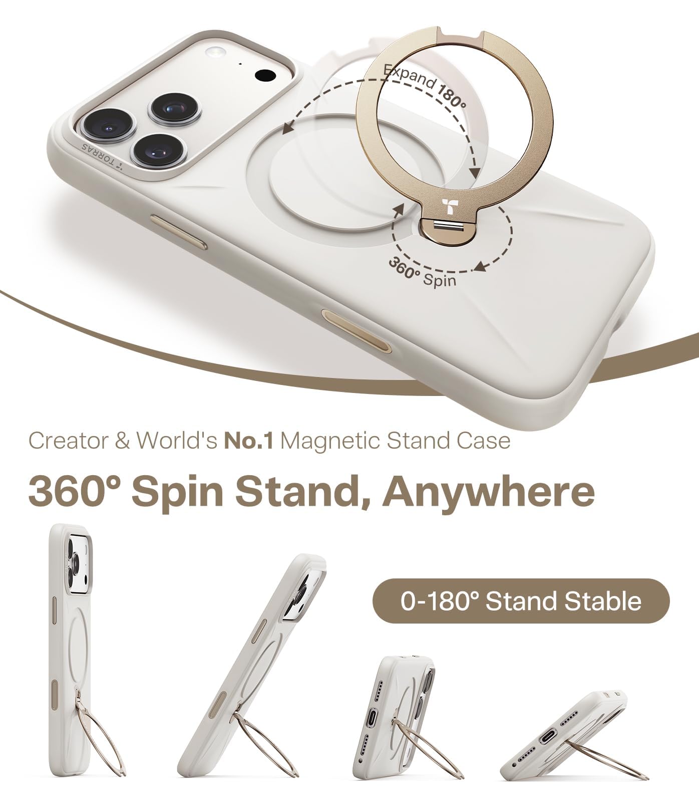 TORRAS Ostand Q3 - Carcasa de silicona para iPhone 17 Pro con soporte de 360°, color blanco | Funda protectora para iPhone 17 Pro (silicona líquida) con protección contra caídas y botones de cámara