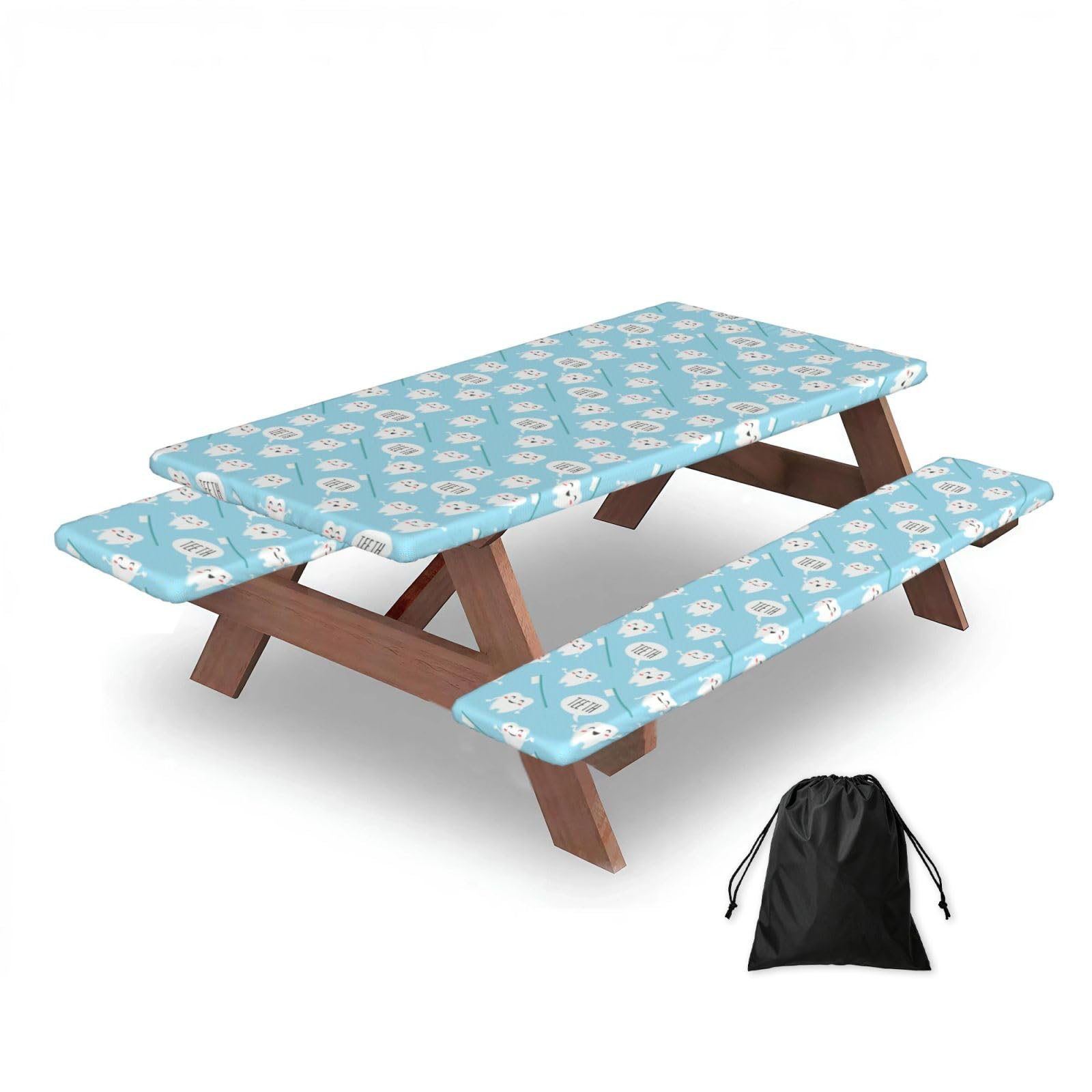 Dopklna As Picture Cute Dentist Dental Hygienist Print Blue, Picnic Table Cover With Bench Covers -Waterproof Elastic Fitted Tablecloth For Garden Camping Patio 76X152cm