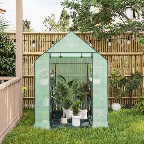 Foto von WOLTU Foliengewächshaus, Tomatengewächshaus für Garten Balkon, Indoor & Outdoor, Metallgestell, 143 x 195 x 216 cm, Gewächshaus mit 3 Ablagen, für Frühbeet Gemüse Blumen, Grün