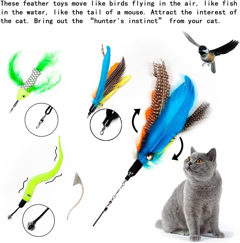 Cat Feather Toys,Cat Feather Wand,Interactive Cat Toys Retractable Wand,Kitten Toys,1 PCS Yellow Caterpillar Toy,4 PCS Replacement Natural Feathers Refill,1 PCS Carbon Fiber Telescopic Cat Teaser Wand