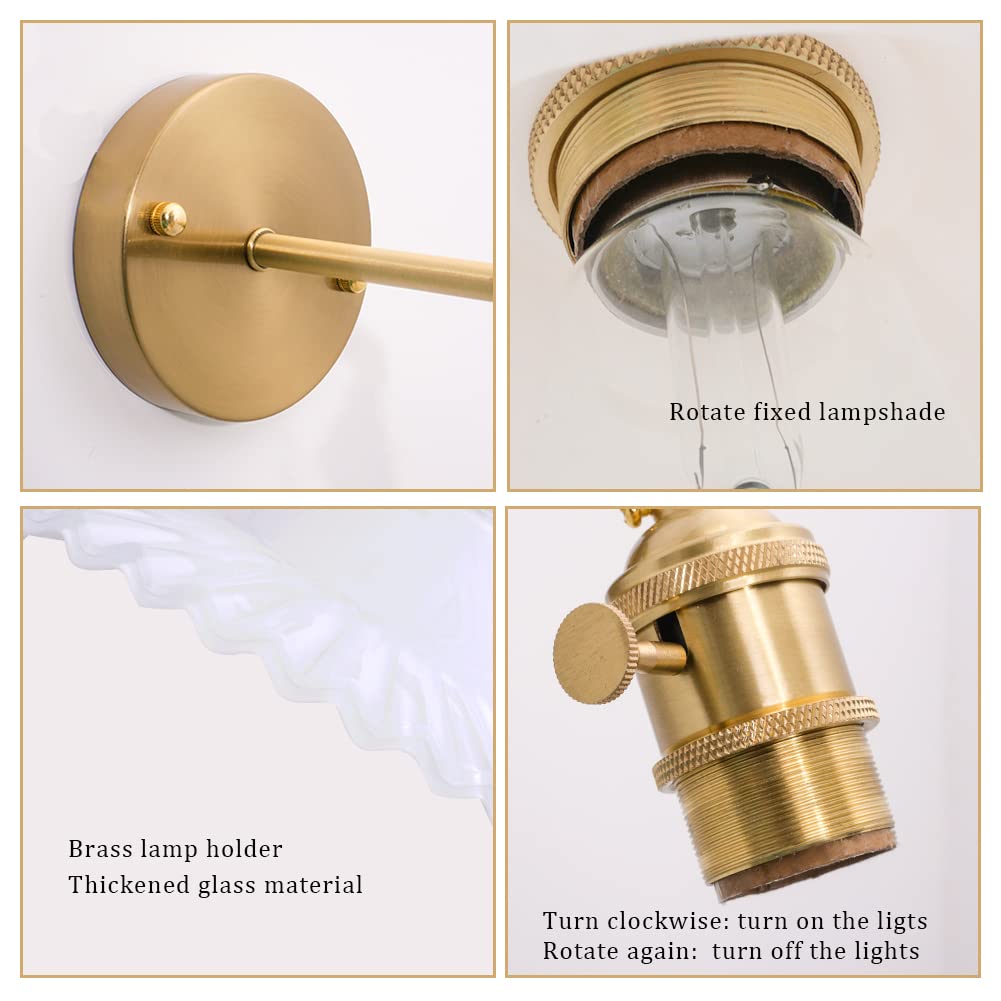Shenmoyl Vintage Modern 1 Light Wall Sconces with White Lotus Glass Lampshade 180 Degree Adjustable Brass Sconces Wall Lighting Fixture with Switch for Bedside Bedroom Doorway