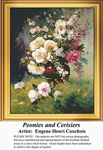 Peonies and Cerisiers, Fine Art Counted Cross Stitch Pattern (Pattern Only, You Provide the Floss and Fabric)