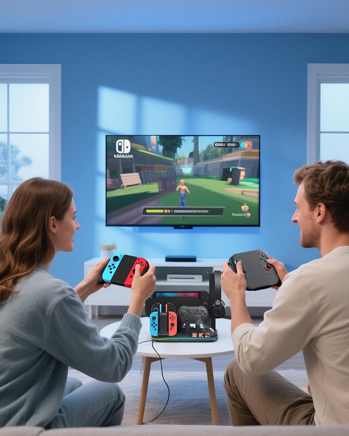 [Compatible Switch 2/1] FASTSNAIL Manette Chargeur pour Nintendo Switch 2/1/OLED pour Joycon, Support Switch 2 avec 9 Modes RVB, Ventilateur, 12 emplacements pour Cartes de Jeu, Support pour Casque