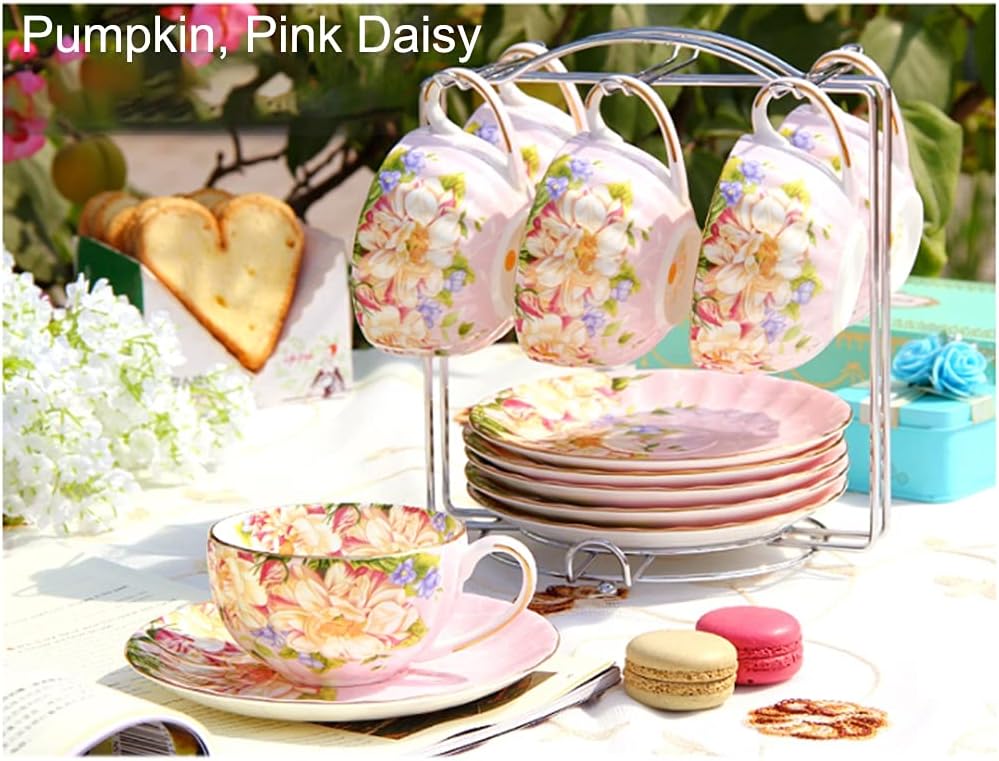 Tea Cup Set Tea Cup Set Ceramic Hand Crafted Porcelain Coffee Tea Cup Sets with 6 Saucer 6 Cups 6 Saucers 1Metal Stand for Tea Party Coffee Cup Set