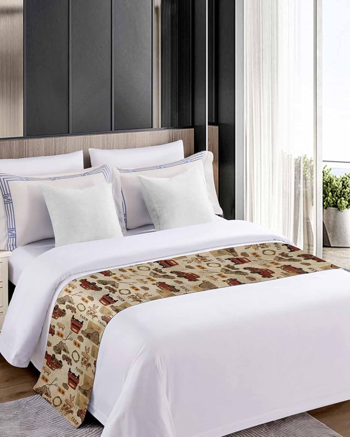 Smile Sunflower Bed Runner Scarf Farmhouse Truck Cow Rooster Bedding Scarf Decorative Bed Runners Cover for Home Bedroom Hotel Wedding Room Bed Scarf for Foot of Bed King 102x20in