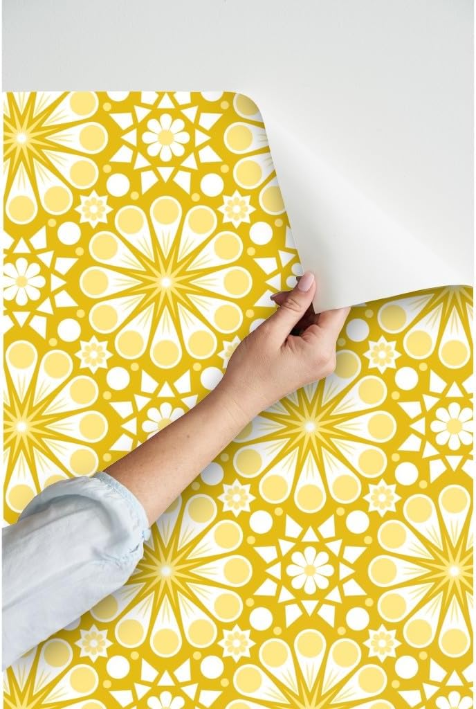 Spoonflower Peel & Stick Wallpaper 3ft x 2ft - Retro Geometric Floral Yellow 70S Daisy Daffodil Custom Removable Wallpaper