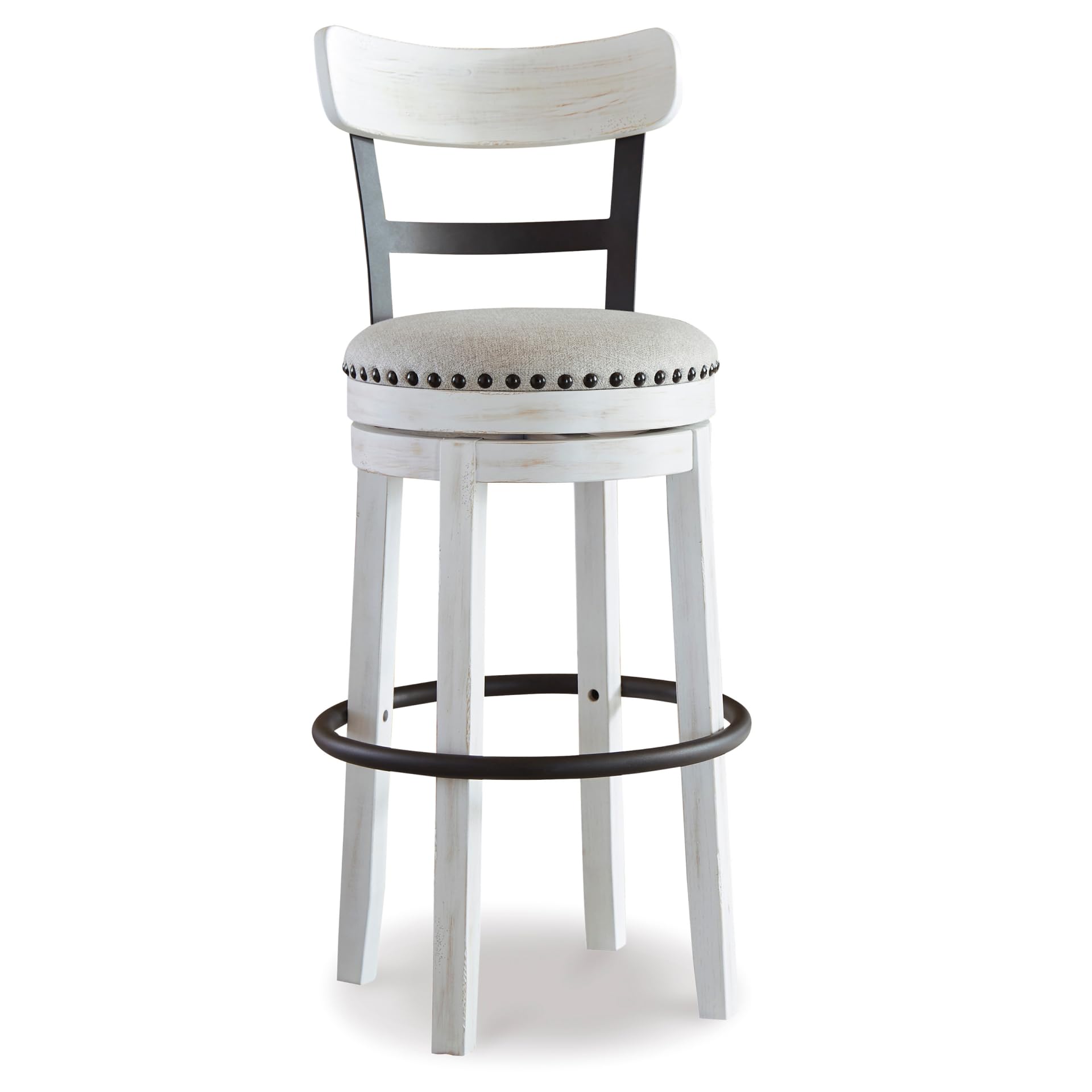 Photo 1 of LEGS ARE MISSING, LOOSE HARDWARE********Signature Design by Ashley Valebeck Tall Upholstered Swivel Barstool, Cushioned Seat, Nailhead Trim, Wood and Metal, 30" H, Whitewash