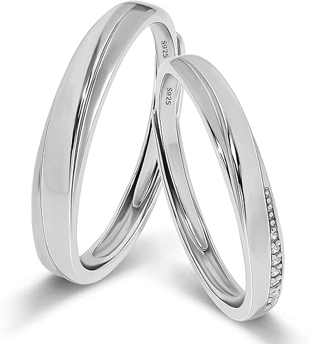 Meissa 2 Pcs Couple Rings for Men and Women 925 Sterling Silver Wide Wedding Bands Size Adjustable Promise Ring Matching Couple Rings Size 4-12, Set