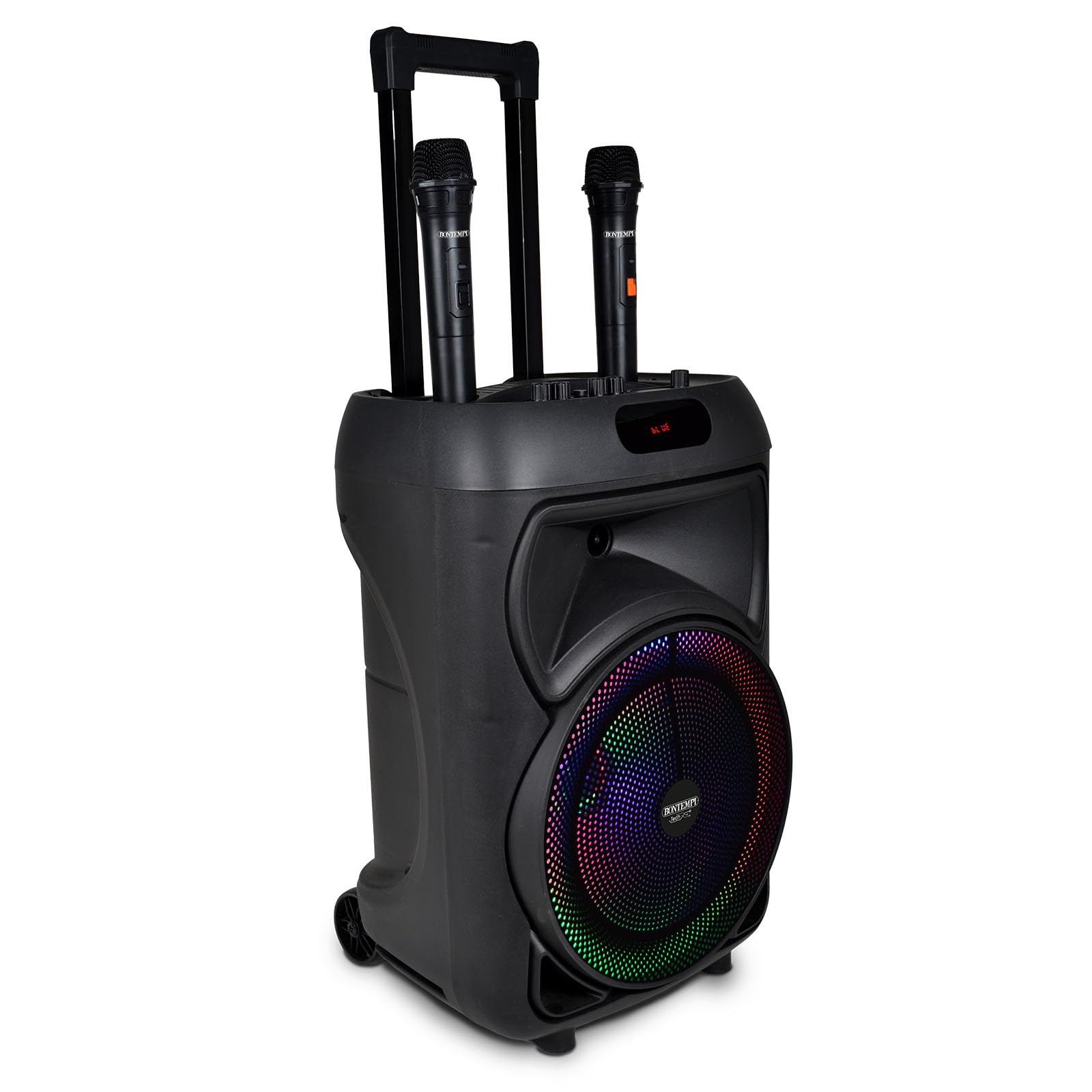 Bontempi | Cassa Trolley Acustica Wireless con 2 Microfoni Senza Filo, Luci RGB, Telecomando, Display, Funzione TWS, 48x29x24 cm