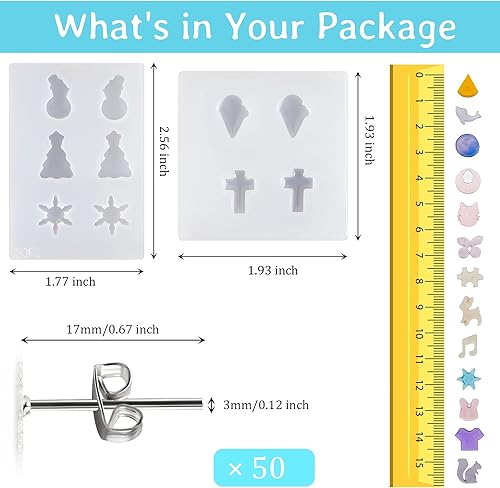 Miniatura 2 de 22 piezas de aretes de resina, diminutas joyas de silicona, moldes de fundición epoxi con aretes de acero inoxidable y parte trasera de aretes para