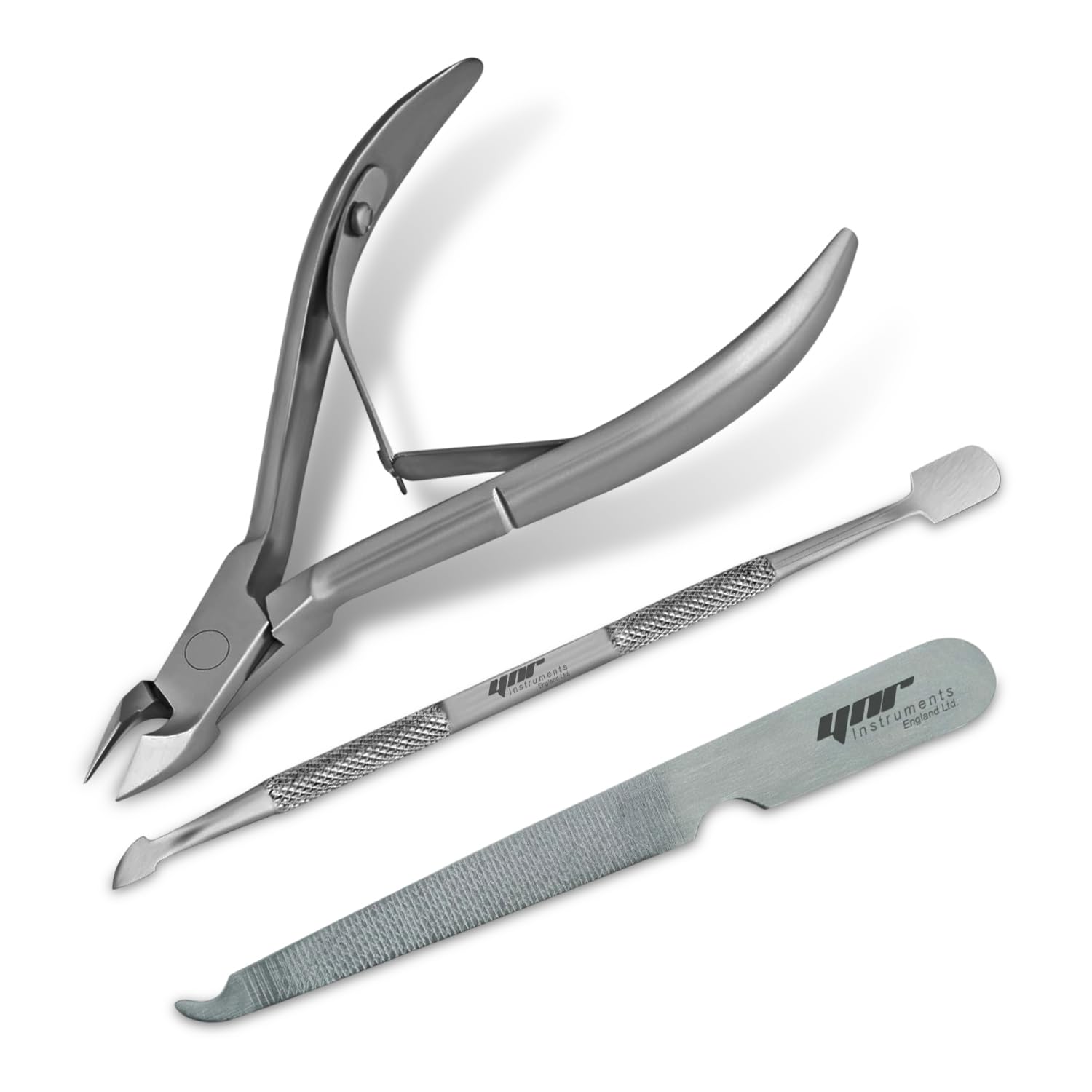 YNR Cuticle Pusher Tool & Cuticle Nippers Duo Including Nail File – 3 in 1 Manicure Pedicure Set for Gel Polish Removal, Professional Stainless Steel, Nail Cleaner Tool, Dead Skin Remover