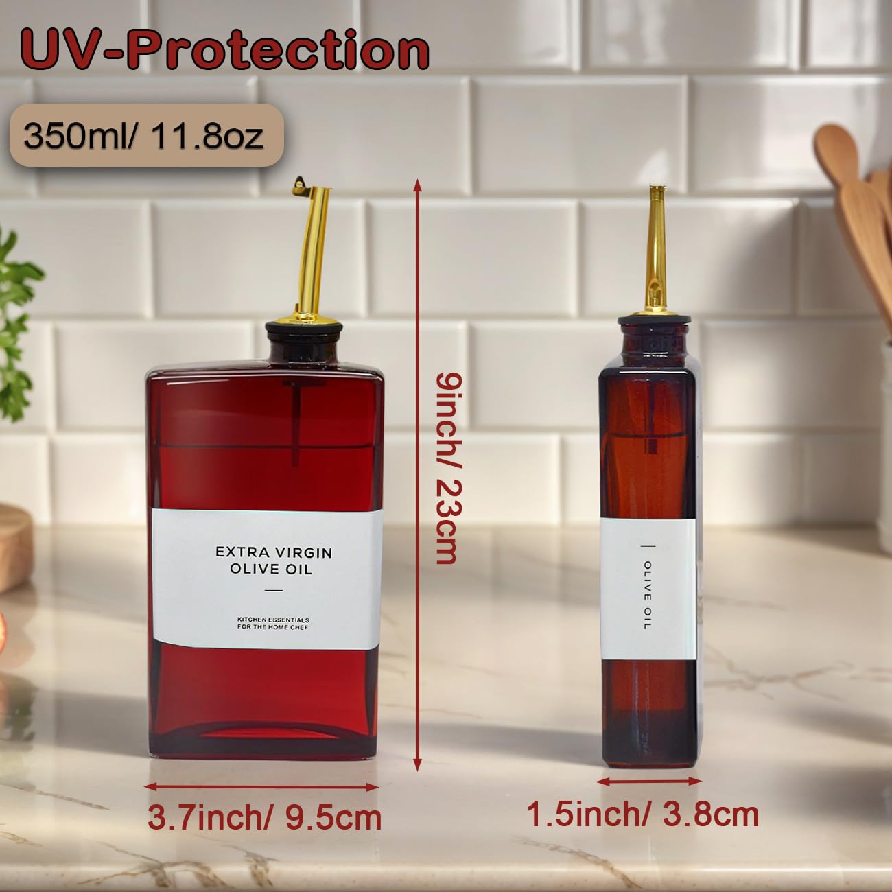 Olivenölspenderflasche für Küche – 334.5 g Dunkelbraunes Glas UV-Schutz, Öl- und Essigspender-Set, tropffreier Ausgießer, Küchenutensilien, 334.5 g, 2er-Set