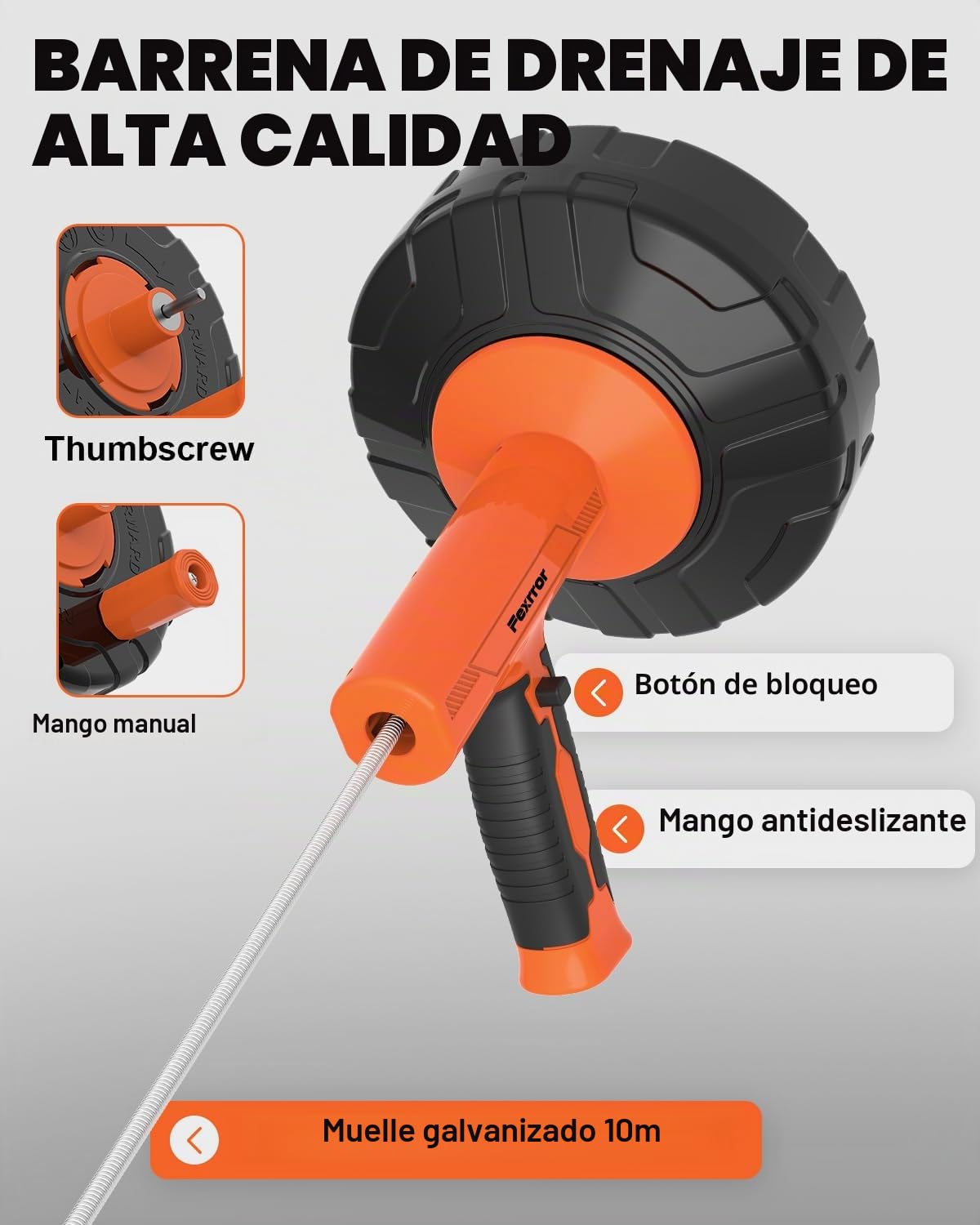 Cable Desatascador de Tuberías de 33 Pies (10M) con Avance Automático y Adaptador para Taladro - Desatascador Profesional Manual/Eléctrico para Fregadero, Bañera, Ducha e Inodoro