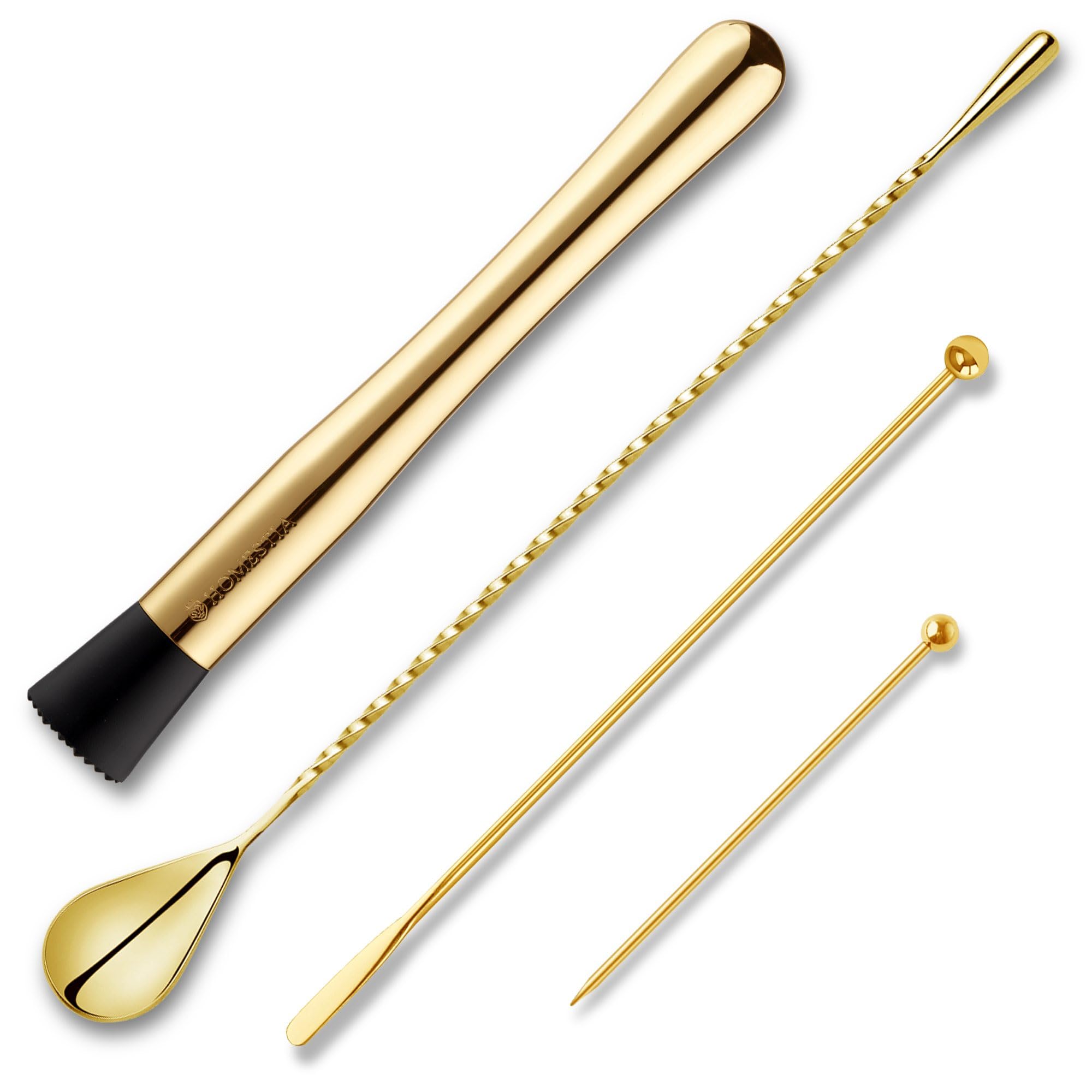 Homestia 4 Pcs Muddler for Cocktails, 10 Inch Muddler,12 Inch Bar Spoon, 7.5'' Swizzle Sticks and 4'' Cocktail Picks, Stainless Steel Cocktail Accessories for Drink Mojitos and Fruit Drinks (Gold)