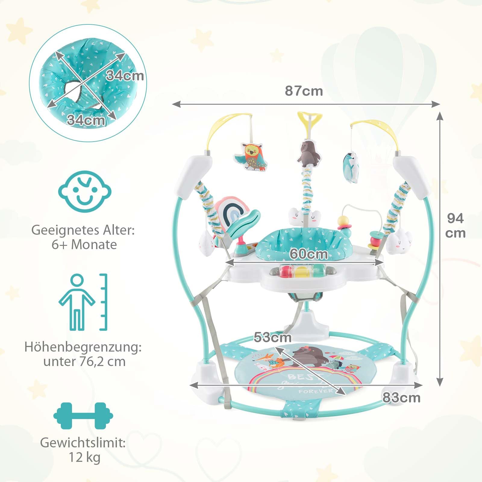 DREAMADE Stationäres Aktivitätscenter, Tierwelt-Jumperoo mit abnehmbarem Fußpolster, Spielcenter mit 360°-Drehsitz, 3 verstellbaren Höhen, Musiktablett & Hängespielzeugen für Babys ab 6 Monaten