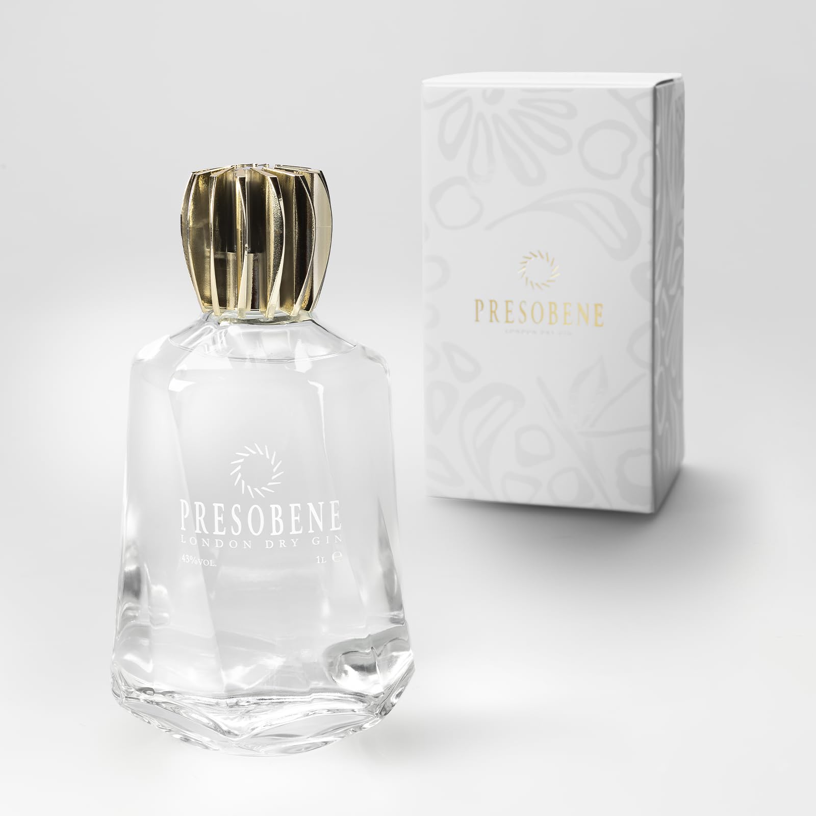 PRESOBENE London Dry Gin, 1L, bottiglia premium con tappo dorato, confezione regalo elegante