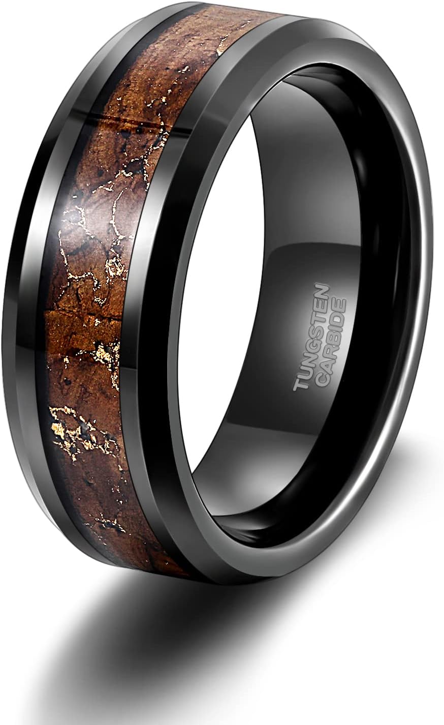 TRUMIUM 6mm 8mm Mens Wedding Band Tungsten Rings for Men Women Whiskey Wood Turquoise Opal Guitar String Black Wedding Rings Beveled Edges Comfort Fit Size 6-13