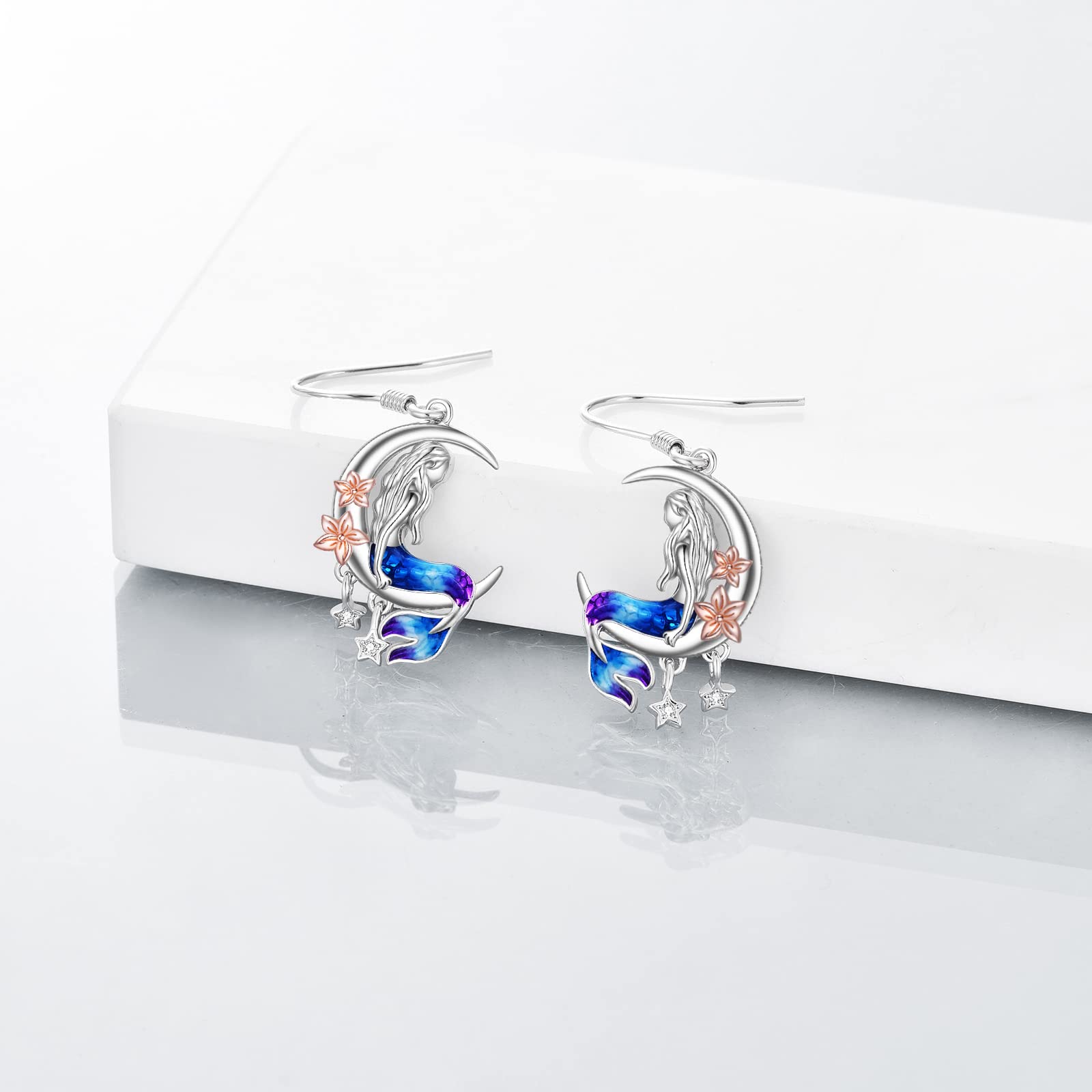 Orecchini a sirena Regali Orecchini a mezzaluna e stella con sirena di mare in argento sterling con fiori Regali di compleanno Gioielli per ragazze Figlia Signore