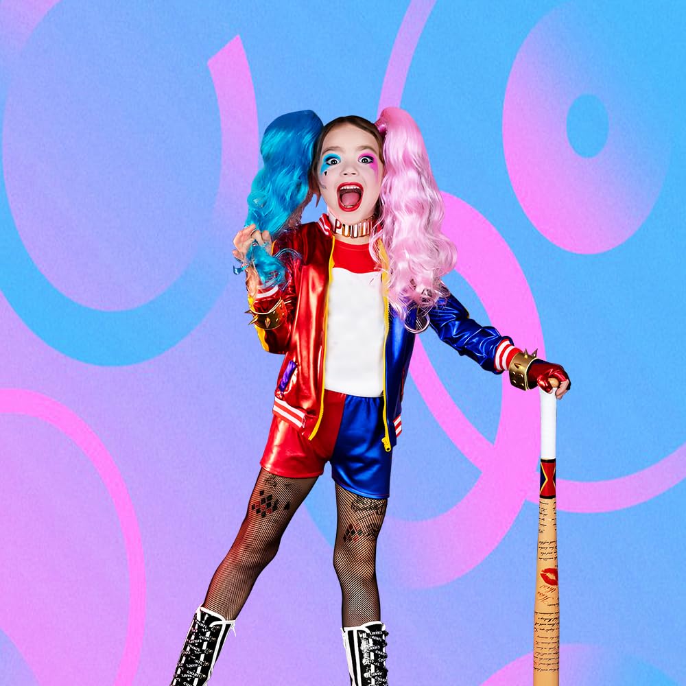 BITOYO Costume da Quinn Bambina, Costume da Quinn Clown Cosplay Joker Costume con T-Shirt Giacca Pantaloncini e Guanti Costumi per Ragazze Halloween Natale Carnevale Costumi Cosplay