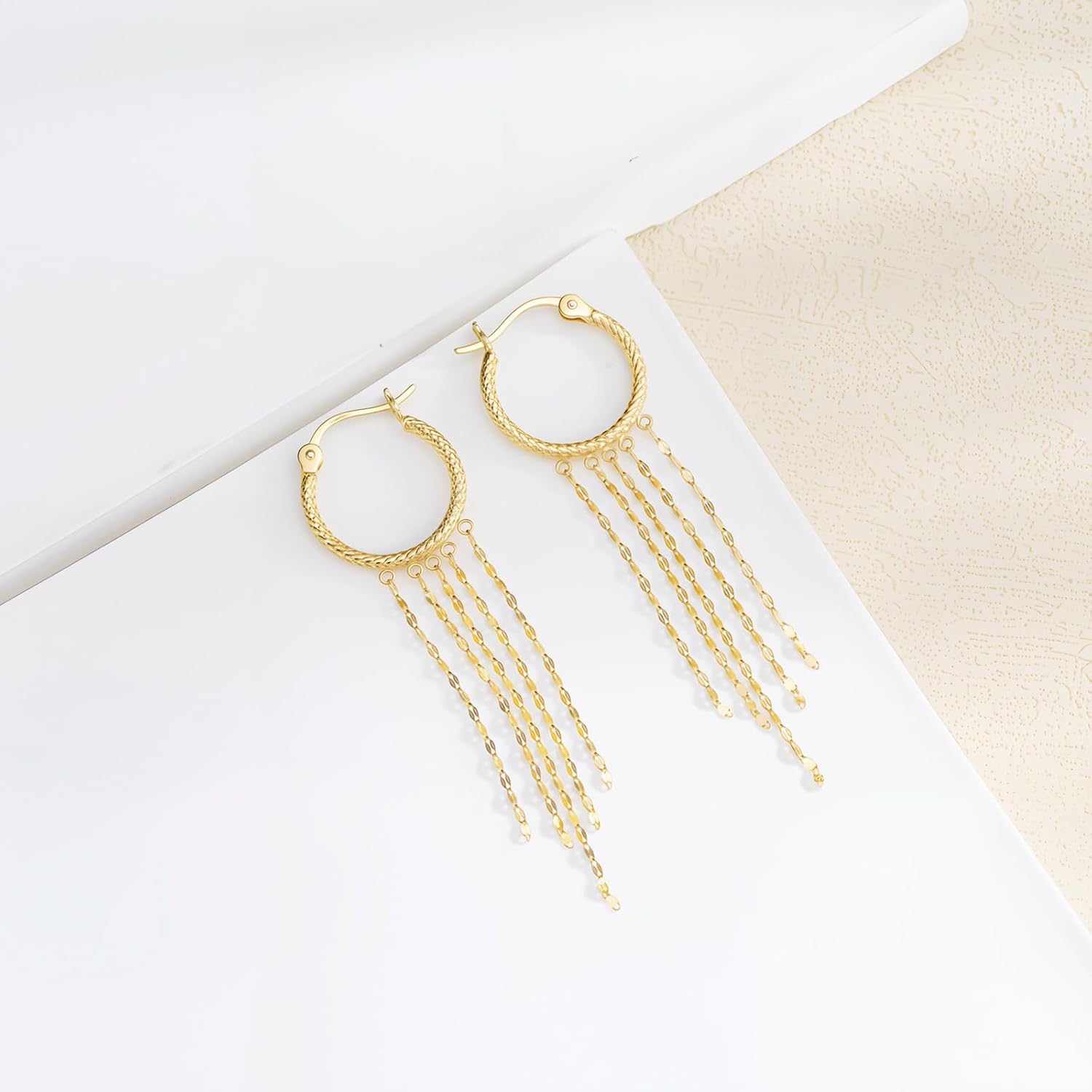 14k Gold Diamond-cut Hoop Tassel Earrings for Women, Real 14 Karat Gold Dangle Earrings for Her - Image 5