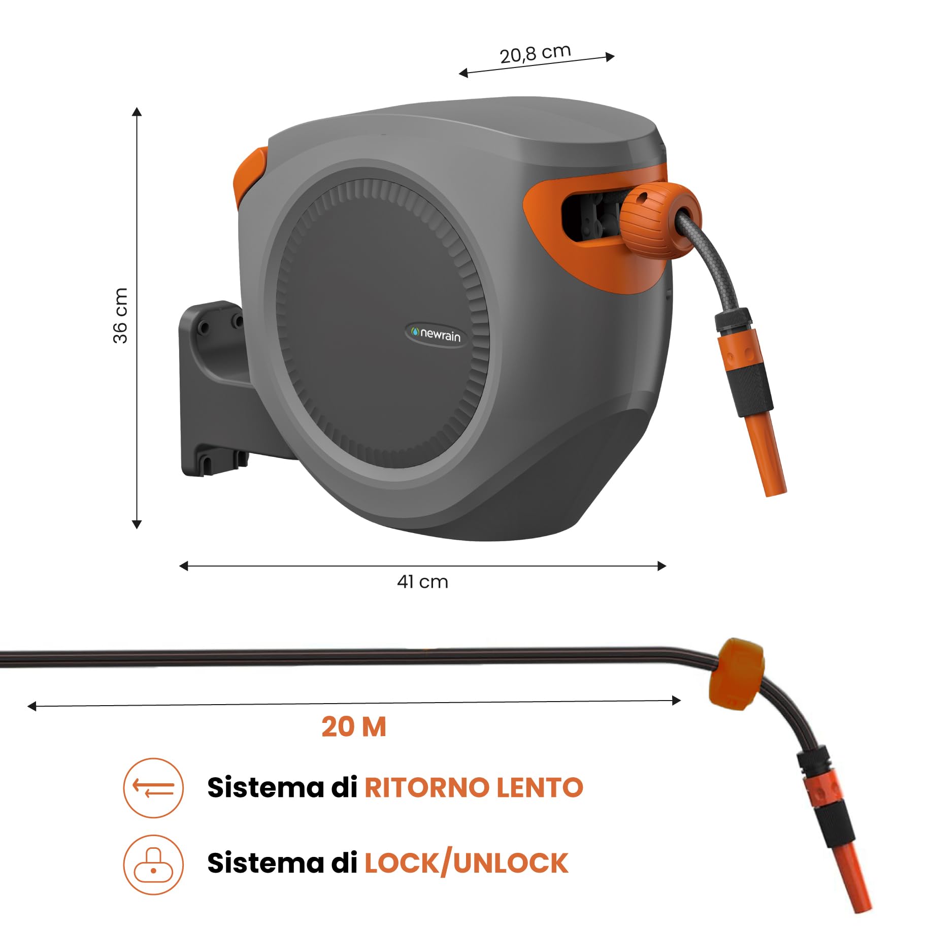Brigros - Avvolgitubo da parete automatico con tubo acqua 20 Metri PVC Ø 1/2" raccordo 3/4"