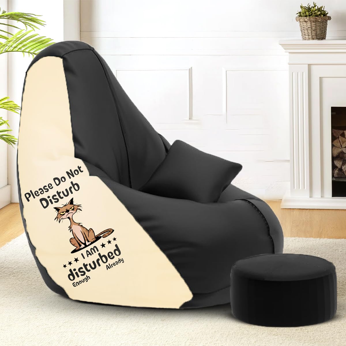 Amazon Brand - Solimo Premium Faux Leather Bean Bag Combo with Footrest & Cushion, Filled with Beans | Capacity: Upto 6 Ft 3 in Height, 120 KG Weight | 4XL | Do Not Disturb Print